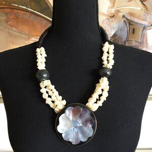 Vintage Lee Sands Necklace with Mother-of-Pearl Flower Inlay 25" Length